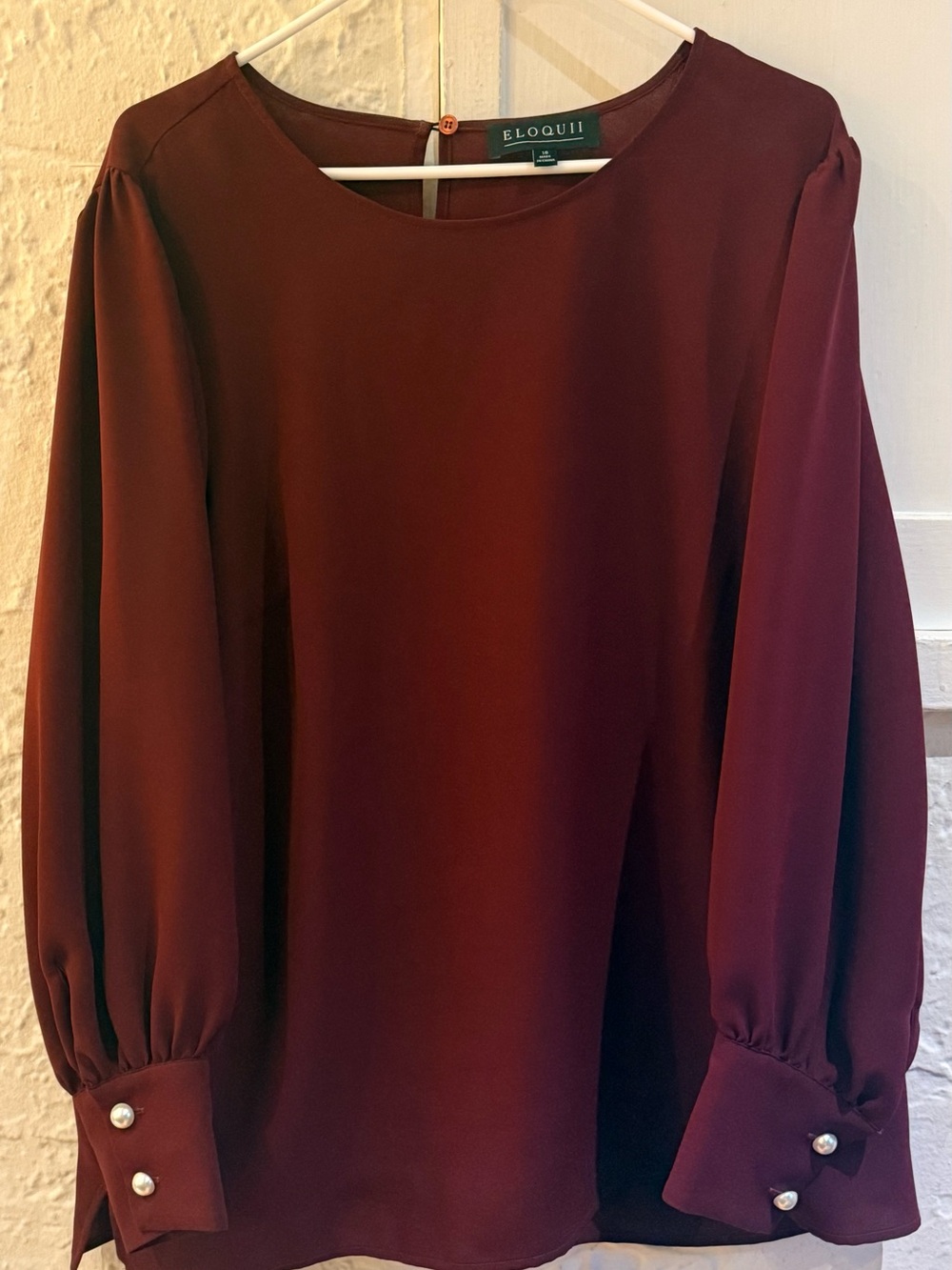 Eloquii Burgundy Pearl-Cuff Long-Sleeve Blouse